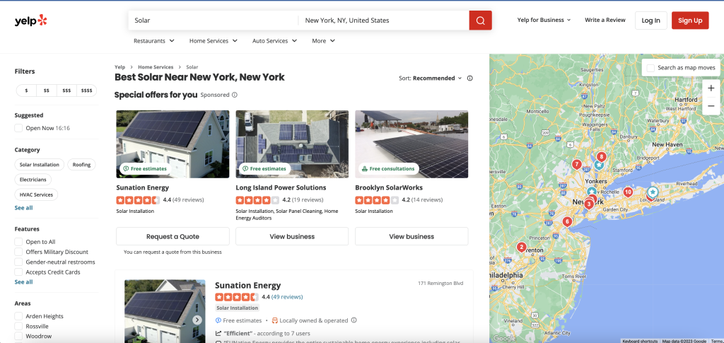 Yelp es siempre una opción popular para quienes buscan paneles solares