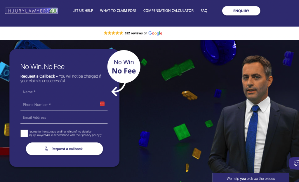 Diese Landing Page zur Generierung juristischer Leads verwendet eine klare CTA, Social Proof (Testimonials) und…