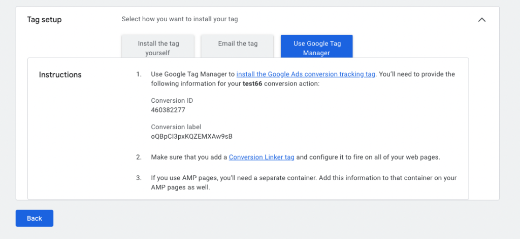 Screenshot: 1 – Take note of your Google Ads conversion ID and label