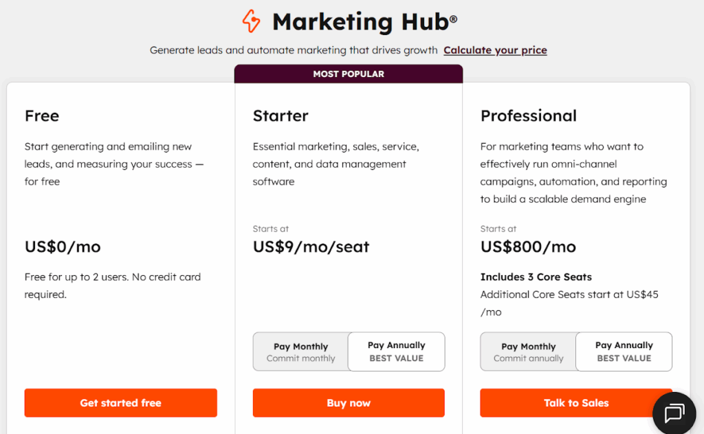 Screenshot: Pricing