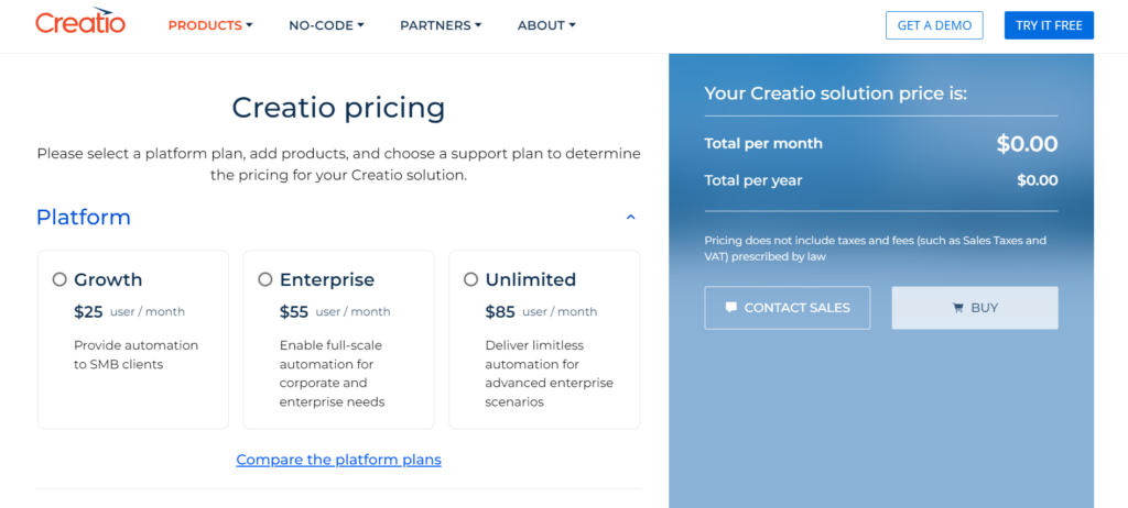 Screenshot: Pricing