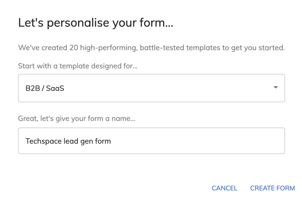 Screenshot: Step 2: Select a Form Template or Start from Scratch