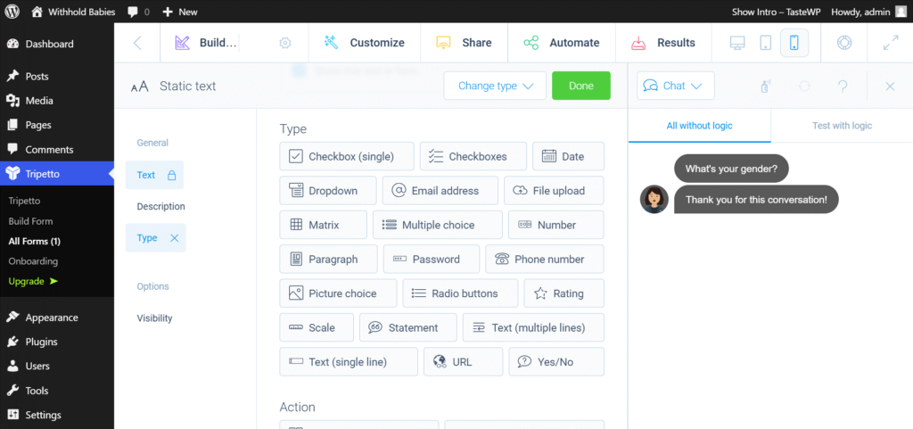Capture d’écran : 3. Tripetto FormBuilder SDK