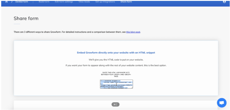 Capture d’écran : Étape 3 : Obtenir le code d’intégration