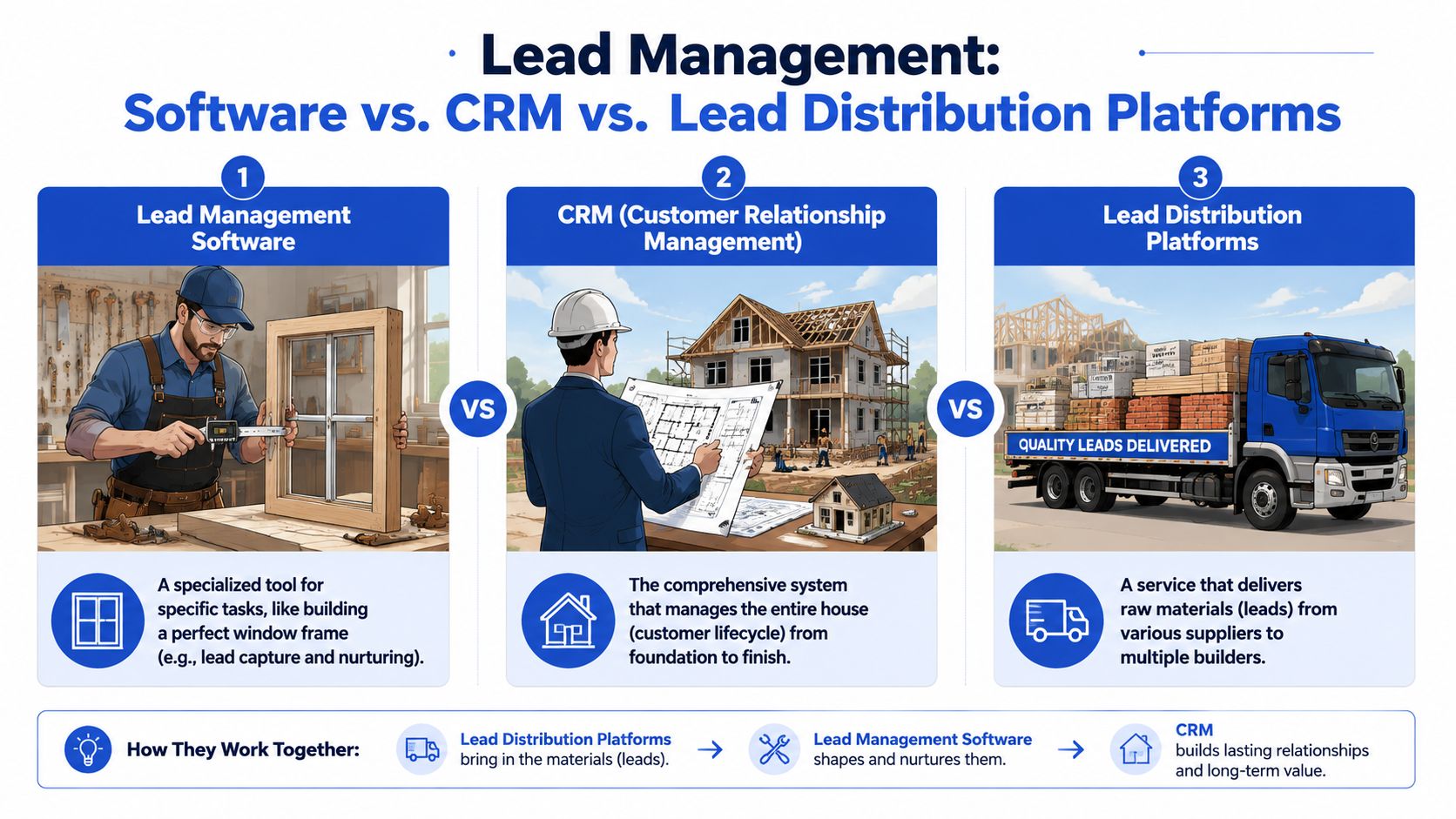 Un'infografica che mette a confronto i software di gestione dei lead, i CRM e le piattaforme di distribuzione dei lead usando metafore legate al mondo dell'edilizia.
