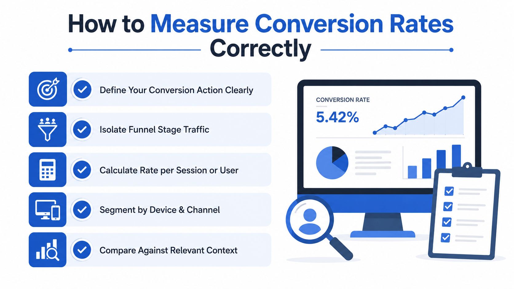 An infographic showing five essential steps to accurately measure marketing conversion rates for business success.