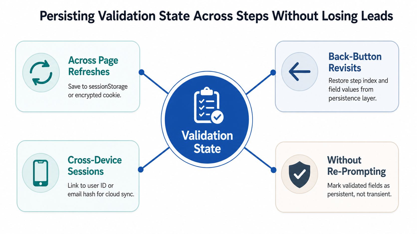 A diagram illustrating how to maintain form validation data during multi-step processes to prevent losing potential leads.