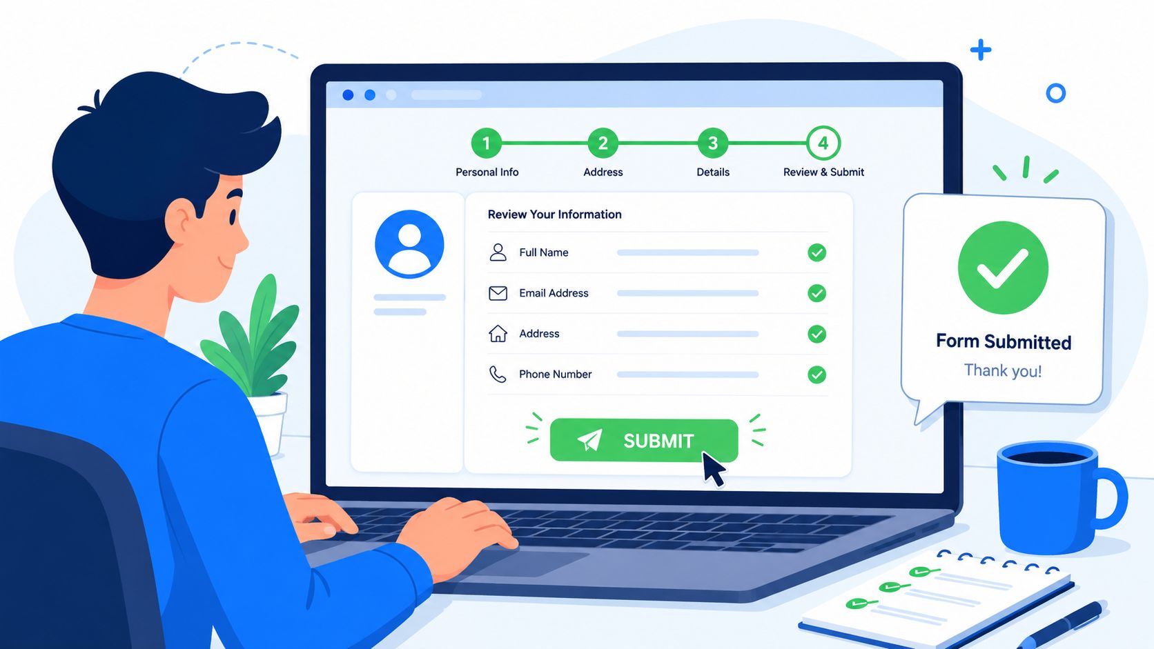 Illustration numérique représentant un jeune homme utilisant un ordinateur portable pour remplir un formulaire en ligne.
