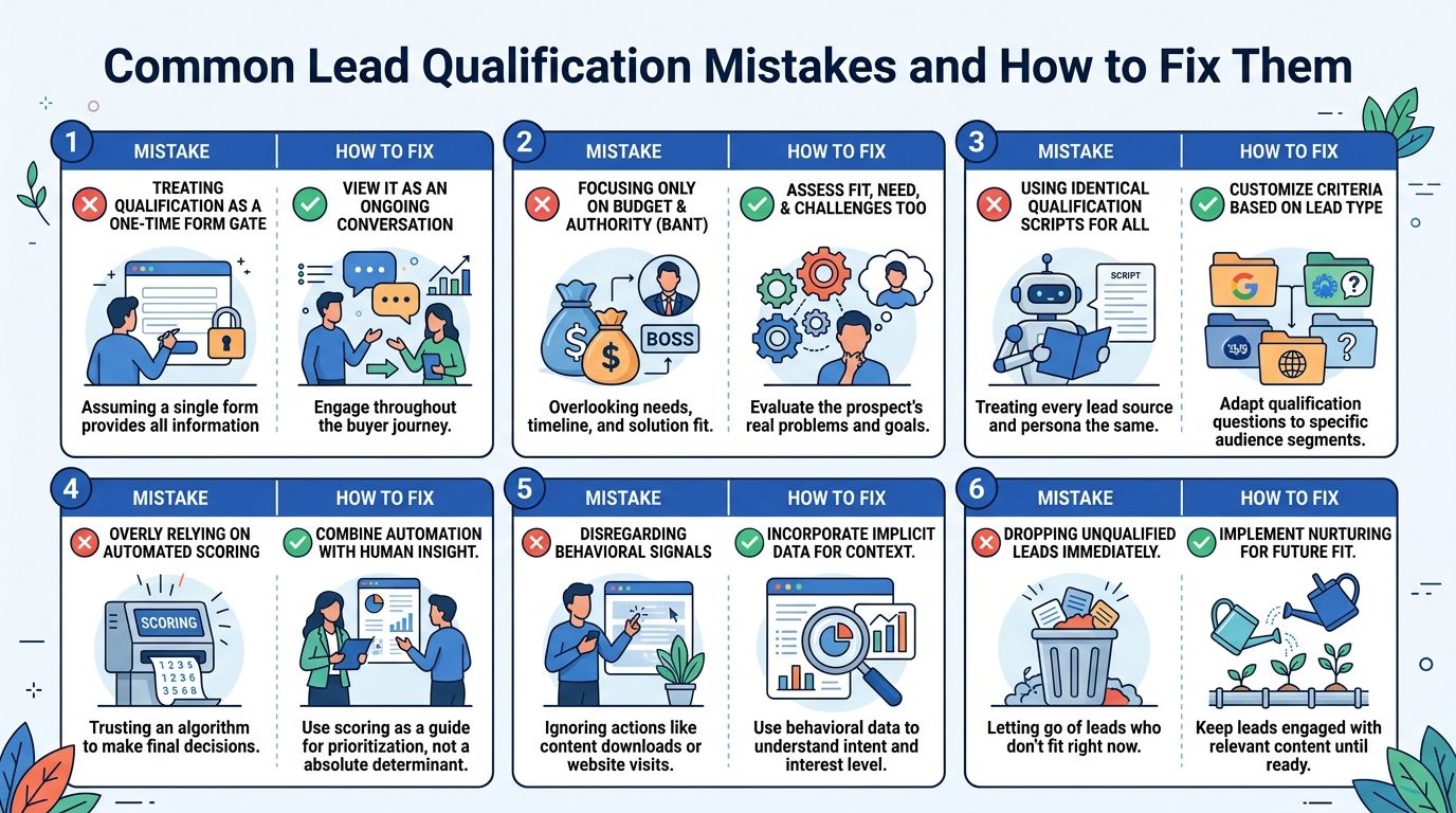 An infographic detailing six common lead qualification mistakes in sales and actionable strategies to fix them.