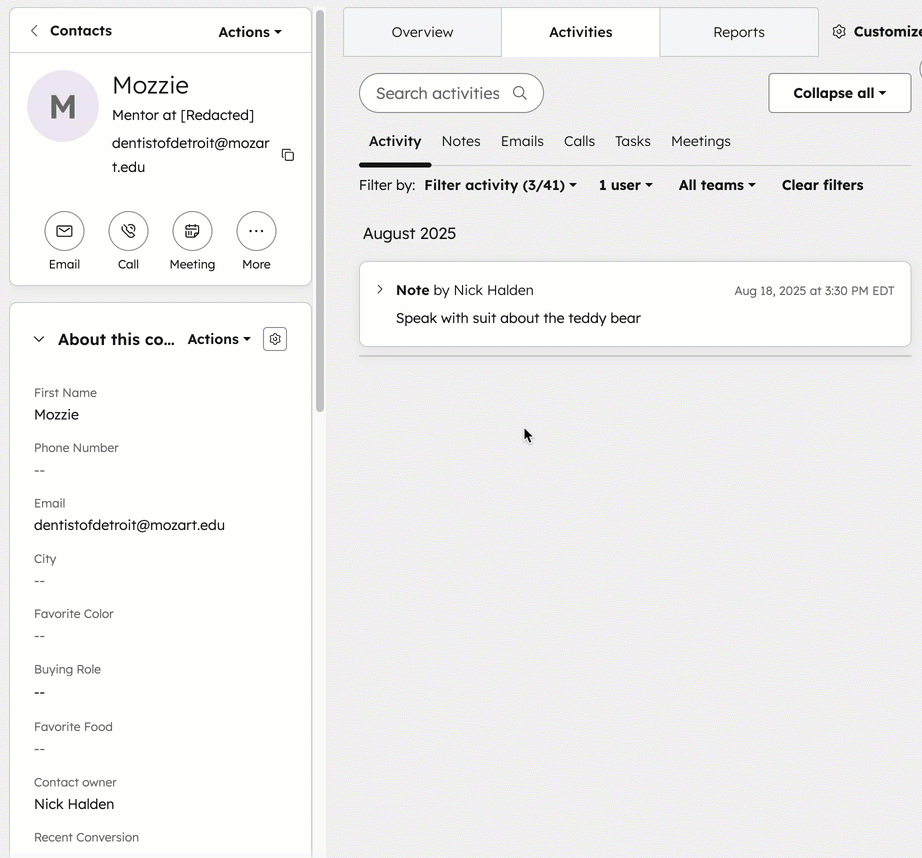 A HubSpot contact record with the About this contact panel listing default and custom contact properties