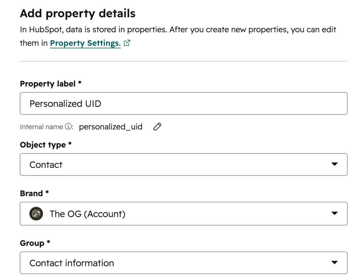 The Add property details panel in HubSpot, creating a custom contact property with a label, internal name, object type and group