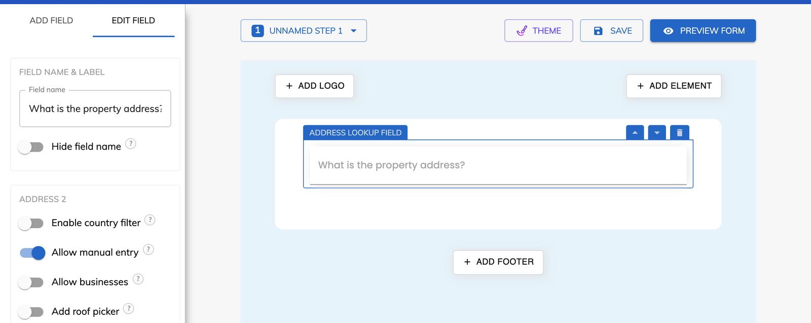 The address lookup field in the Growform editor, with its country filter, manual entry, business and roof picker settings