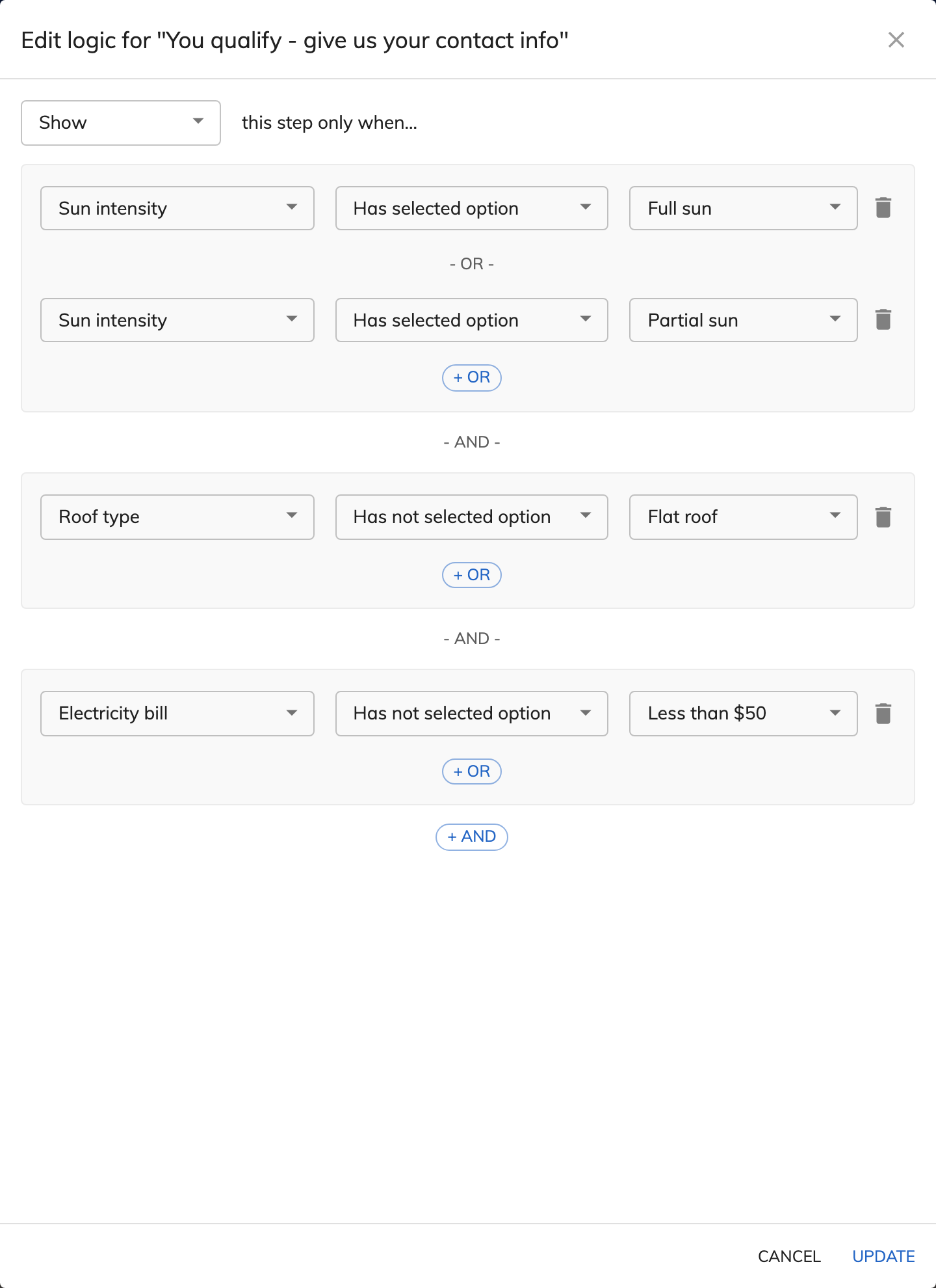The logic editor in Growform, showing a step only when rules joined by AND and OR are met