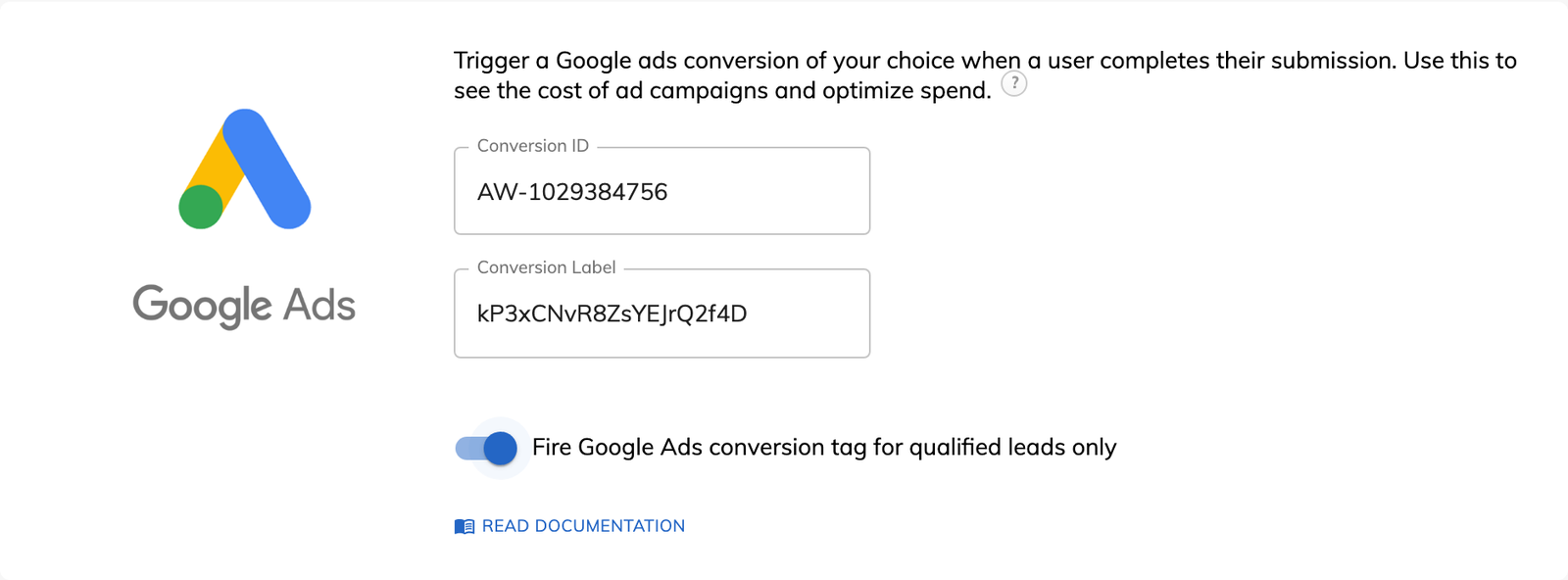 The Google Ads card in Growform tracking settings, with a conversion ID, a label and the qualified leads only switch
