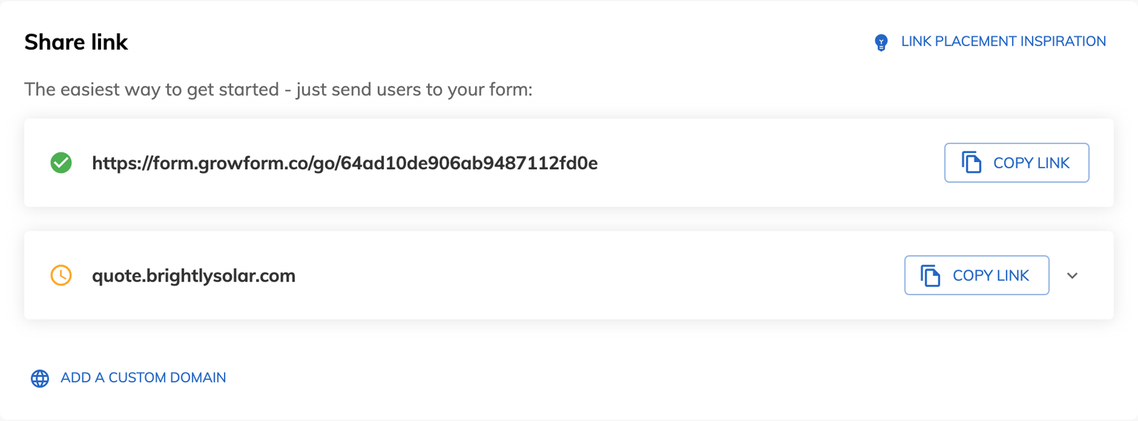 The share link panel in Growform, showing the hosted link and a custom domain