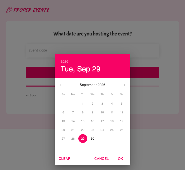 A date picker open on an event planning form