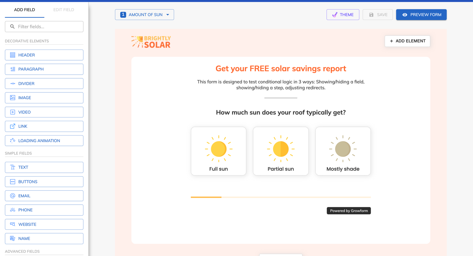 The Growform editor, with the list of fields beside a solar form