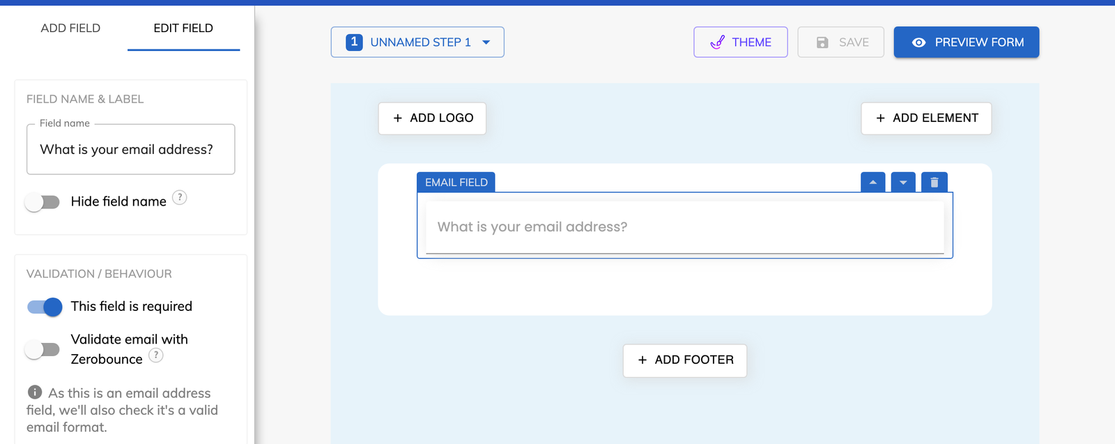 The email field in the Growform editor, with the required and email validation switches