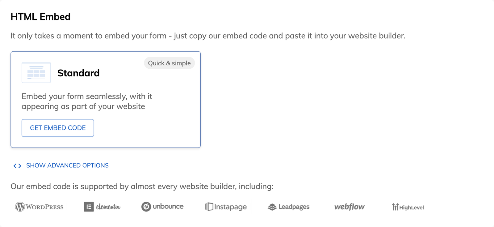 The HTML embed panel in Growform, with the standard embed and the website builders it supports