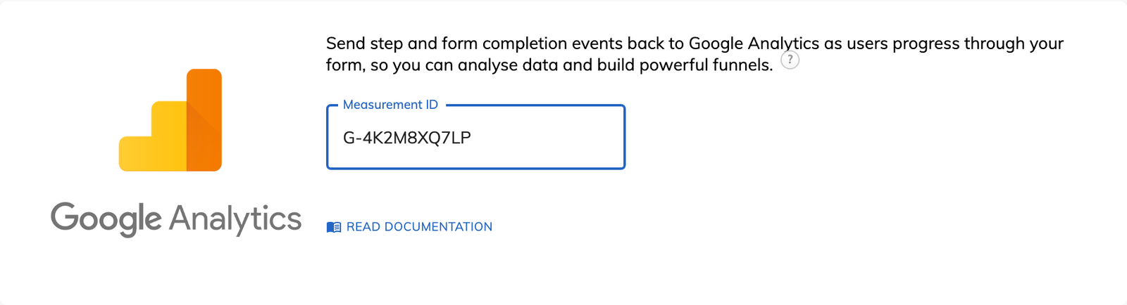 The Google Analytics card in Growform tracking settings, with a measurement ID
