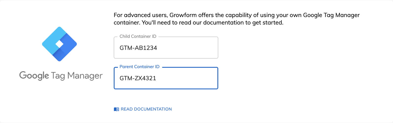 The Google Tag Manager card in Growform tracking settings, with child and parent container IDs