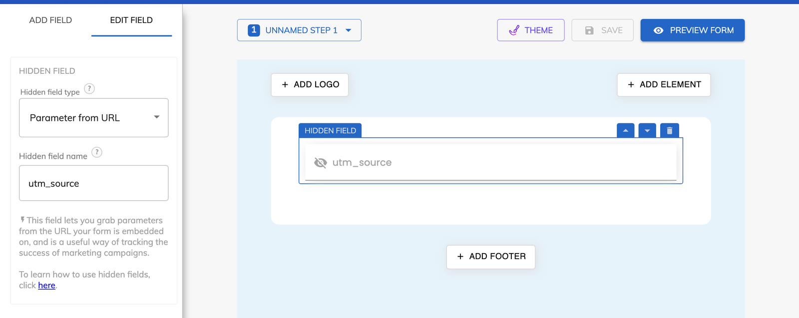 A hidden field in the Growform editor set to read utm_source from the URL