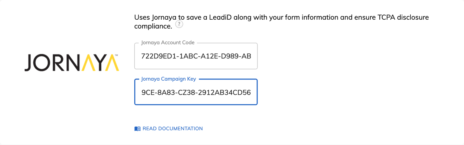 The Jornaya card in Growform tracking settings, with an account code and a campaign key
