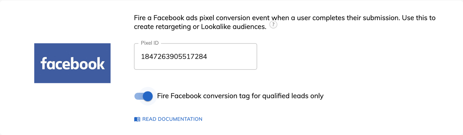 The Meta Pixel card in Growform tracking settings, with a pixel ID and the qualified leads only switch