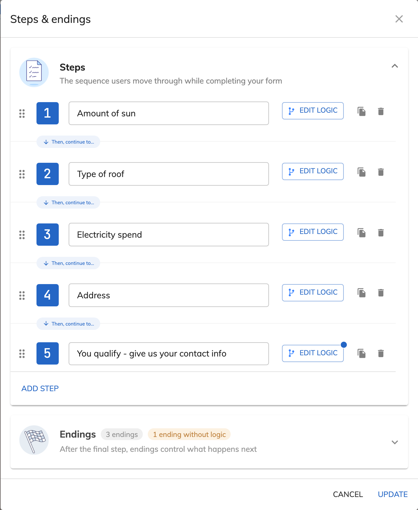 The steps list in Growform with five named steps, each with its own logic, duplicate and delete controls