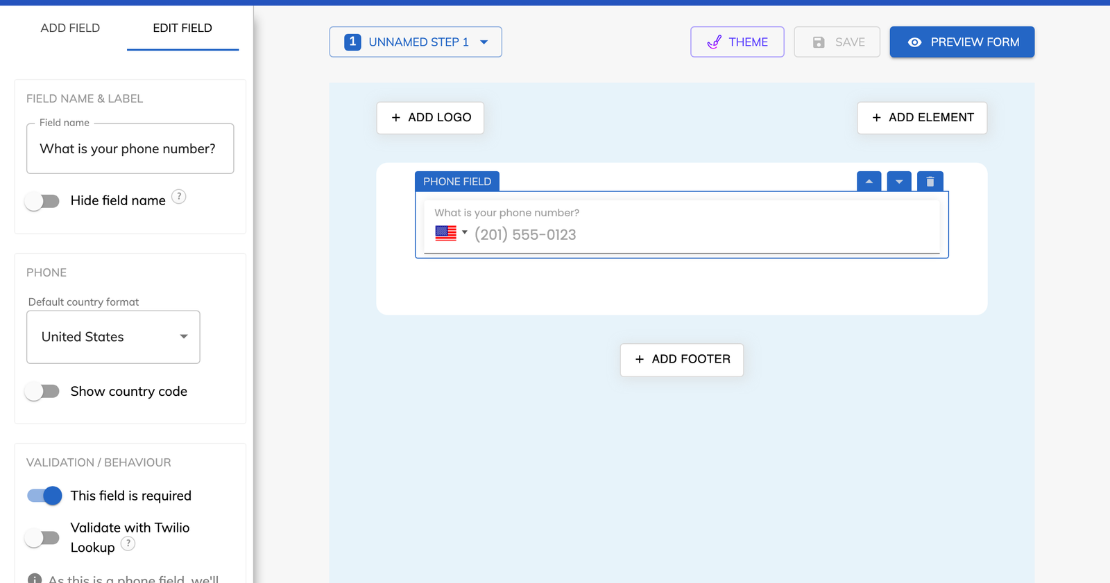 The phone field in the Growform editor, with the country format and the Twilio Lookup validation switch