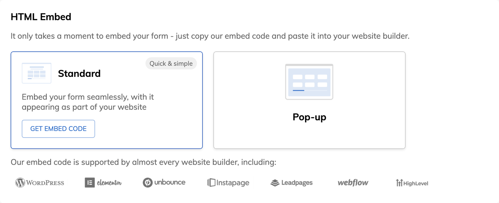 The HTML embed panel in Growform with the standard and pop-up options