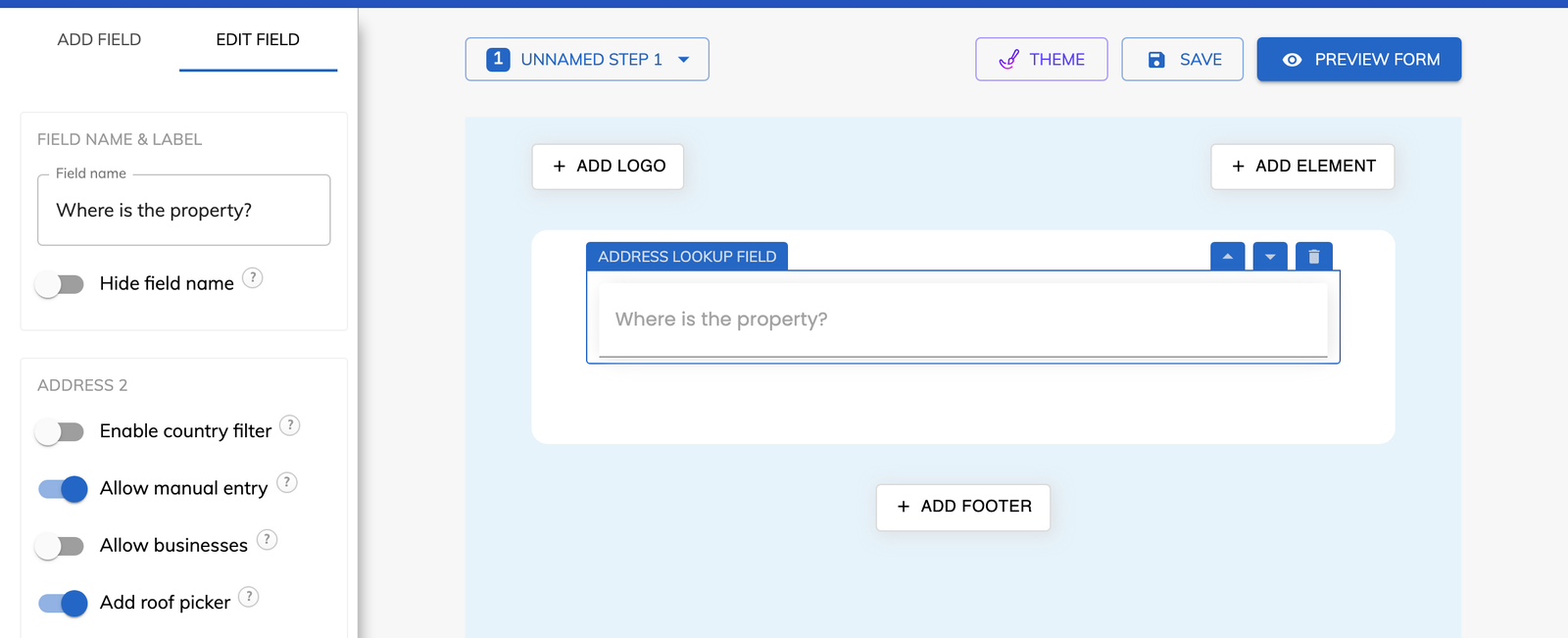 The address lookup field in the Growform editor with the roof picker switched on