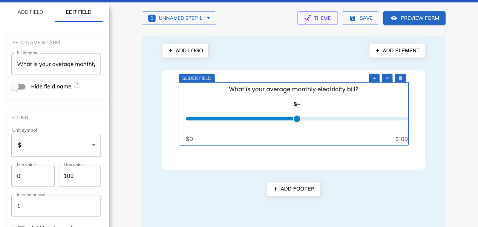 The slider field in the Growform editor, with its unit symbol, minimum, maximum and increment settings
