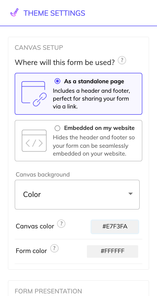 Canvas setup in Growform theme settings, with the standalone page option selected