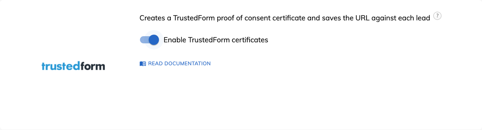 The TrustedForm card in Growform tracking settings, with certificates switched on