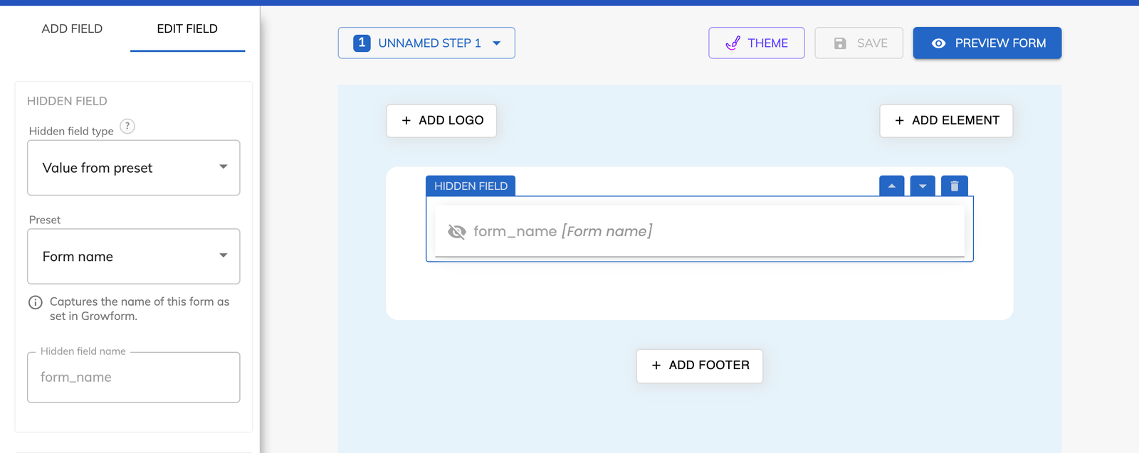 A hidden field in the Growform editor filled from a preset