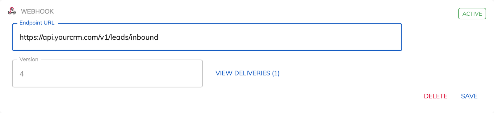 A webhook in Growform with an endpoint URL and a link to view deliveries