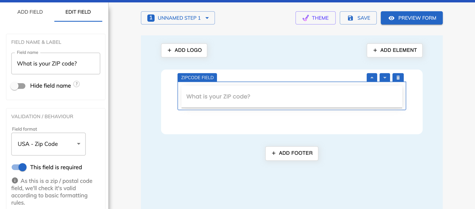 The ZIP code field in the Growform editor with the USA format selected