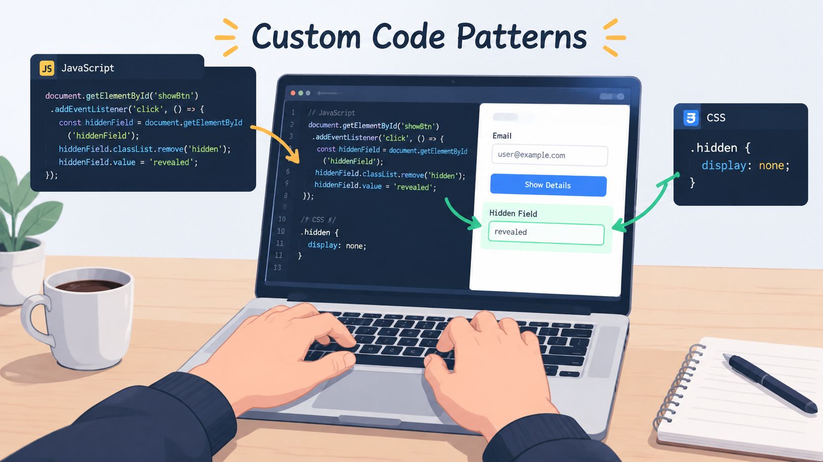 A person coding on a laptop illustrating how custom JavaScript and CSS work with form fields.