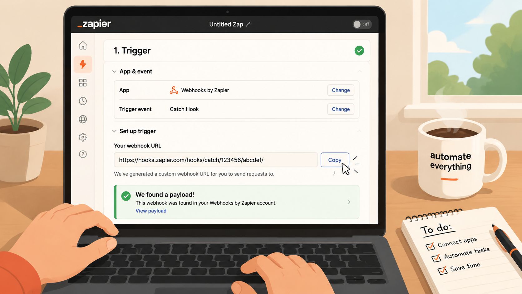 A person using a laptop to set up a Zapier webhook trigger for automating digital workflows.