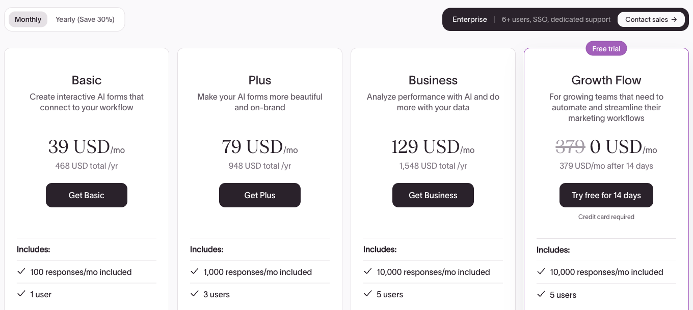 Typeform's pricing page on monthly billing, showing Basic at $39, Plus at $79, Business at $129 and Growth Flow at $379 a month