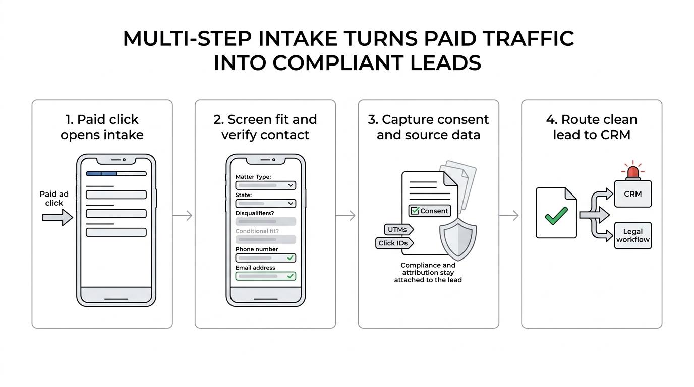A step-by-step flow from ad click to multi-step intake, qualification, consent capture, verification, and CRM routing.