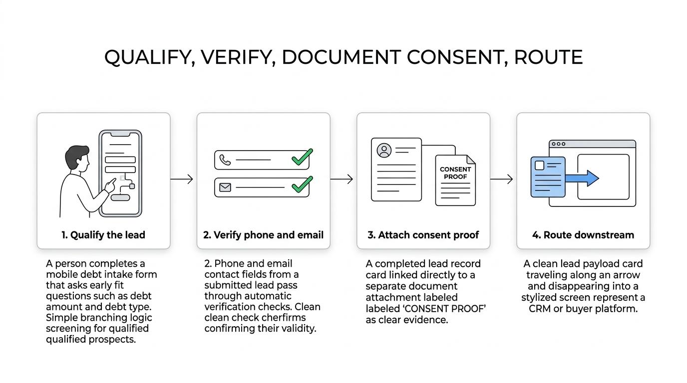 A step-by-step debt relief lead intake flow showing form qualification, verification, consent evidence capture, and real-time routing to CRM and buyer systems.