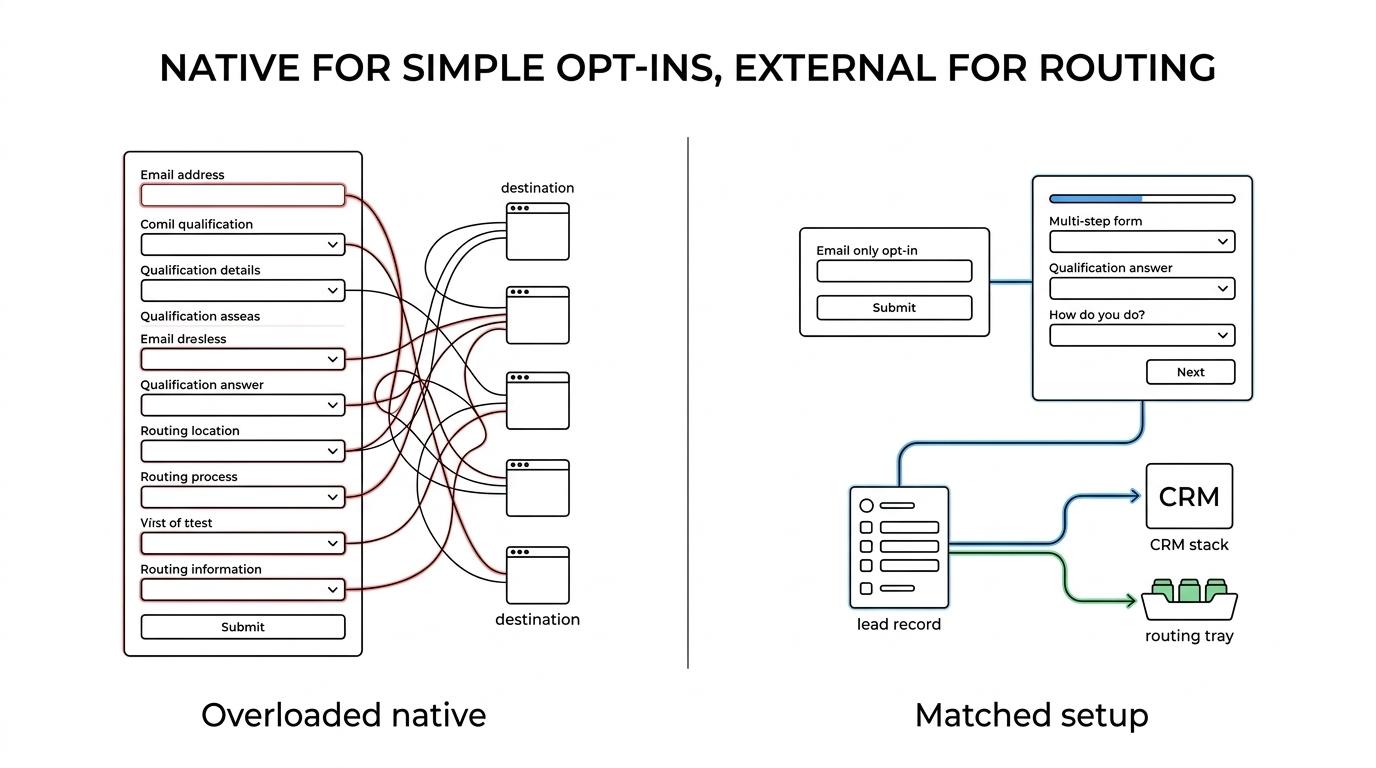 Side-by-side comparison of native ClickFunnels forms and external form builders, showing simple email opt-ins on one side and multi-step qualification, better mobile UX, and CRM routing on the other.