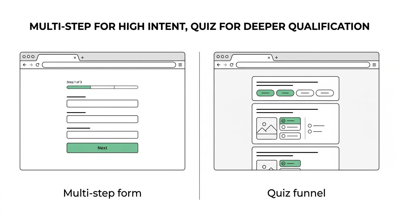 Side-by-side comparison of a multi-step form and a quiz funnel, showing differences in intent, qualification depth, speed, and best use cases.