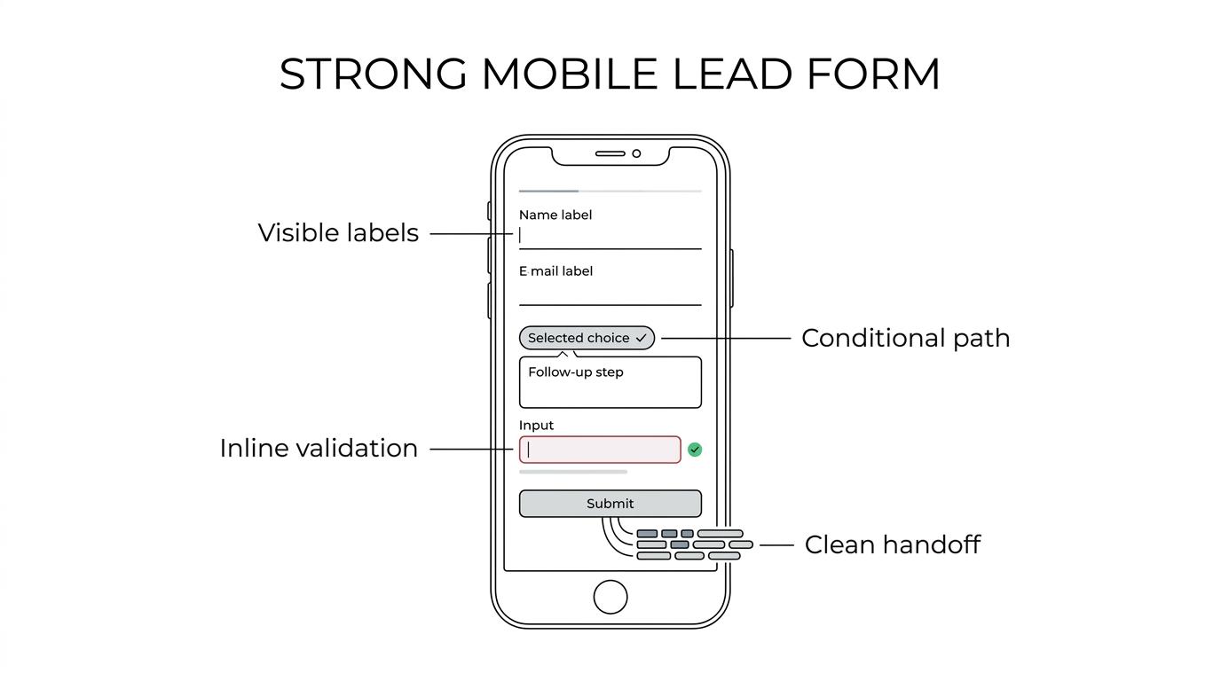 Annotated mobile multi-step lead form with labels above fields, inline validation, progress bar, hidden attribution fields, and CRM handoff callouts.