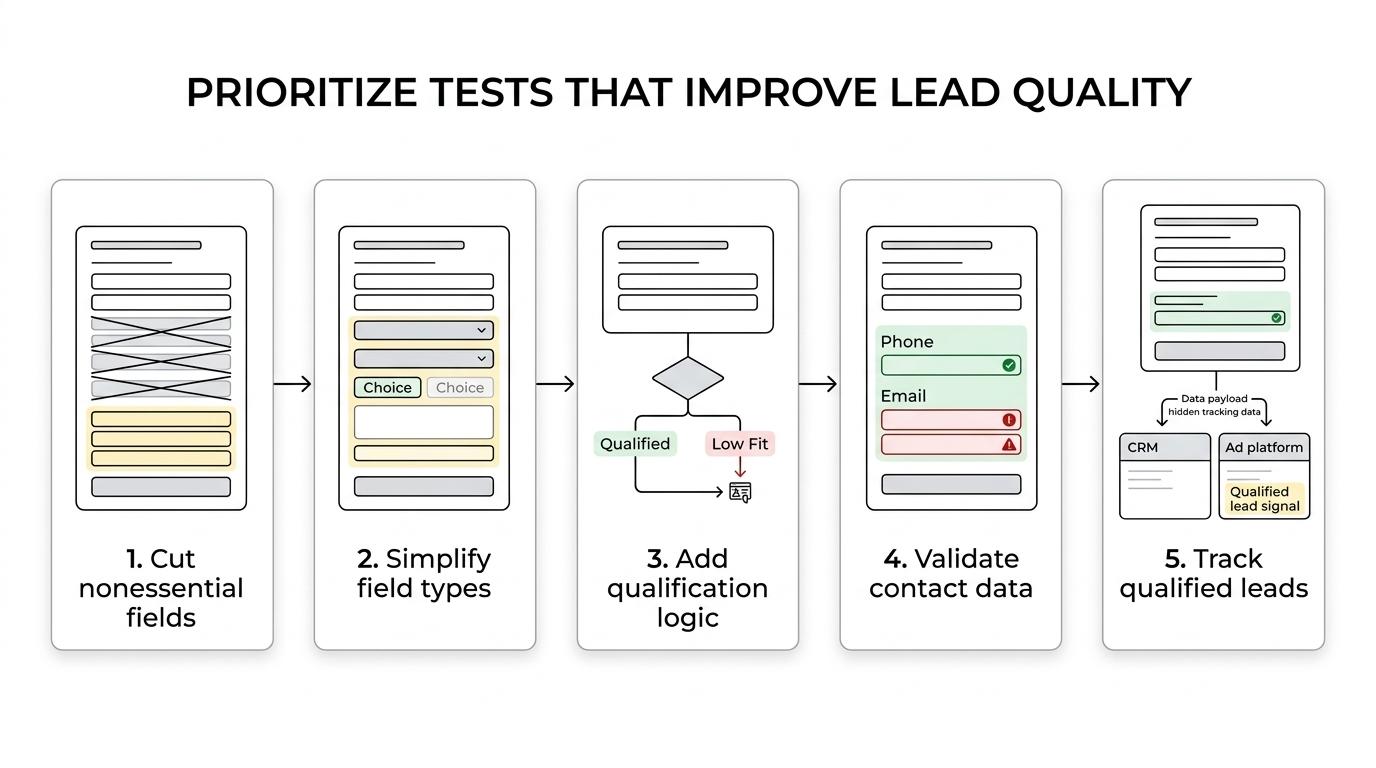 Six-step roadmap for paid lead form testing, moving from field count and field type to qualification logic, validation, tracking, and cosmetic changes.