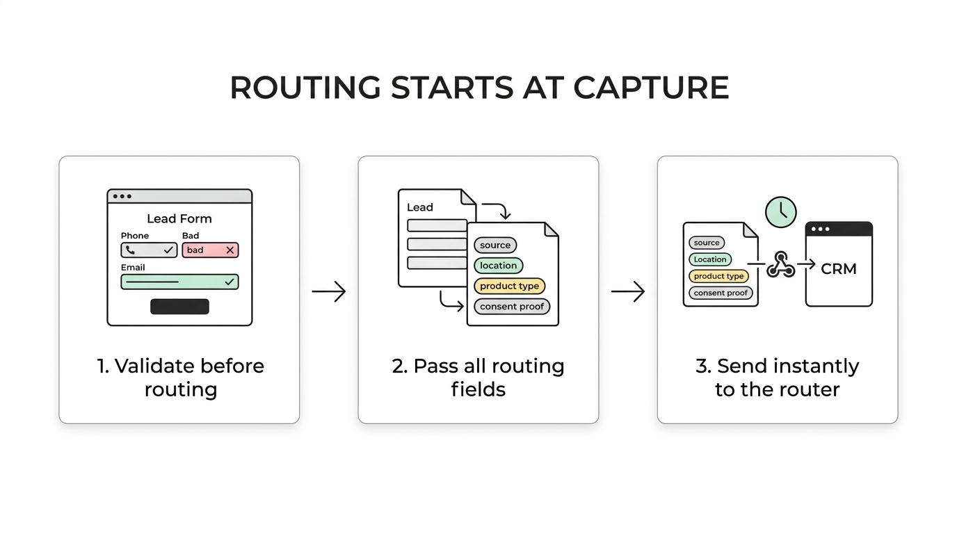 Flowchart showing a lead moving from form validation to field pass-through, webhook delivery, routing rules, fallback, and CRM or buyer handoff.
