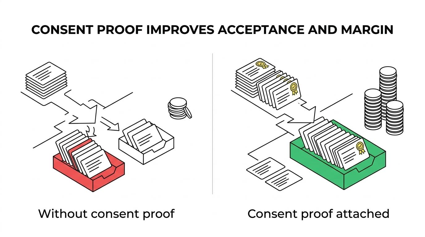 Side-by-side comparison of paid leads with weak consent proof versus consent proof attached, showing the same media spend but higher acceptance, fewer returns, more billable leads, and positive margin when proof is included.