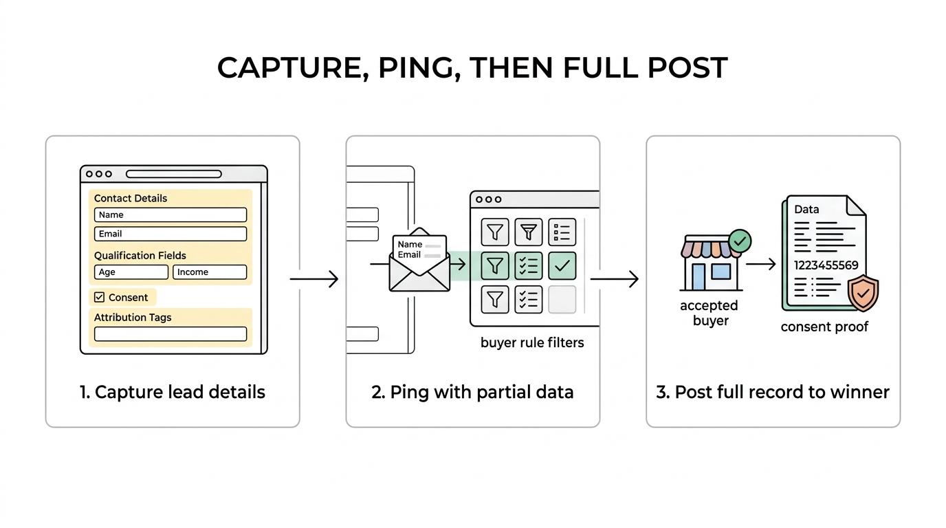 Three-step flow showing a lead form capturing data, a router pinging buyers with partial data, and the winning buyer receiving the full post.